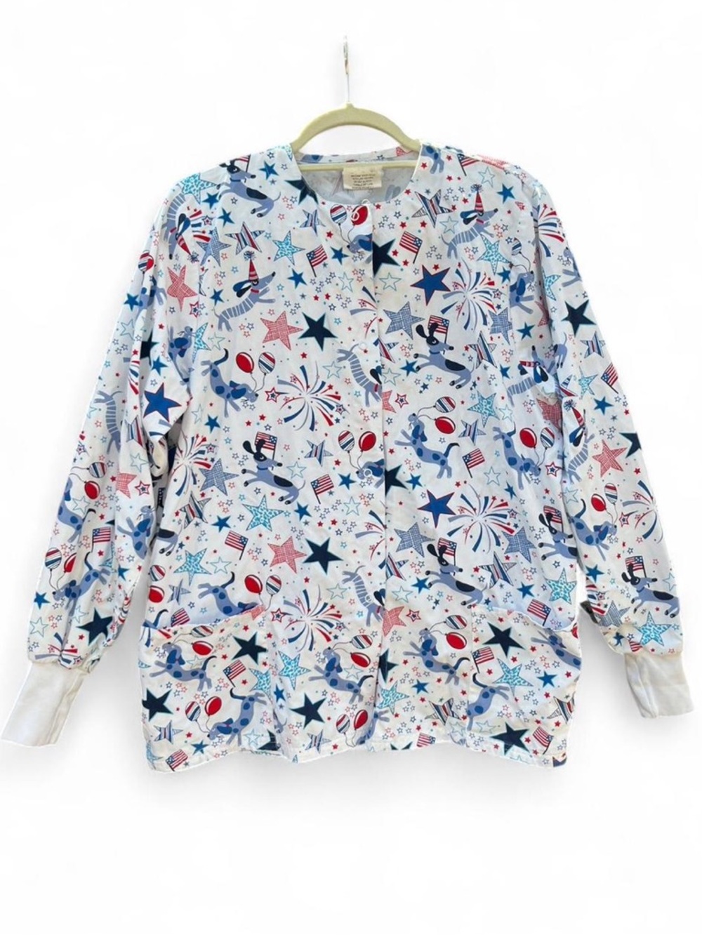 Smart Scrubs Celebrate Woof White Star-Print Scrub Top - Red Blue Gray